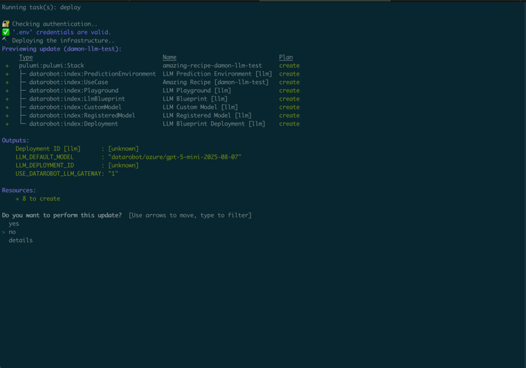 Deploy preview showing LLM resources